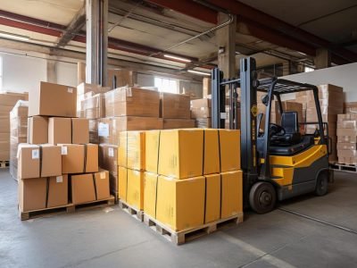 ai-generated-efficient-forklift-stacker-loader-in-action-loading-cardboard-boxes-in-a-bustling-warehouse-photo